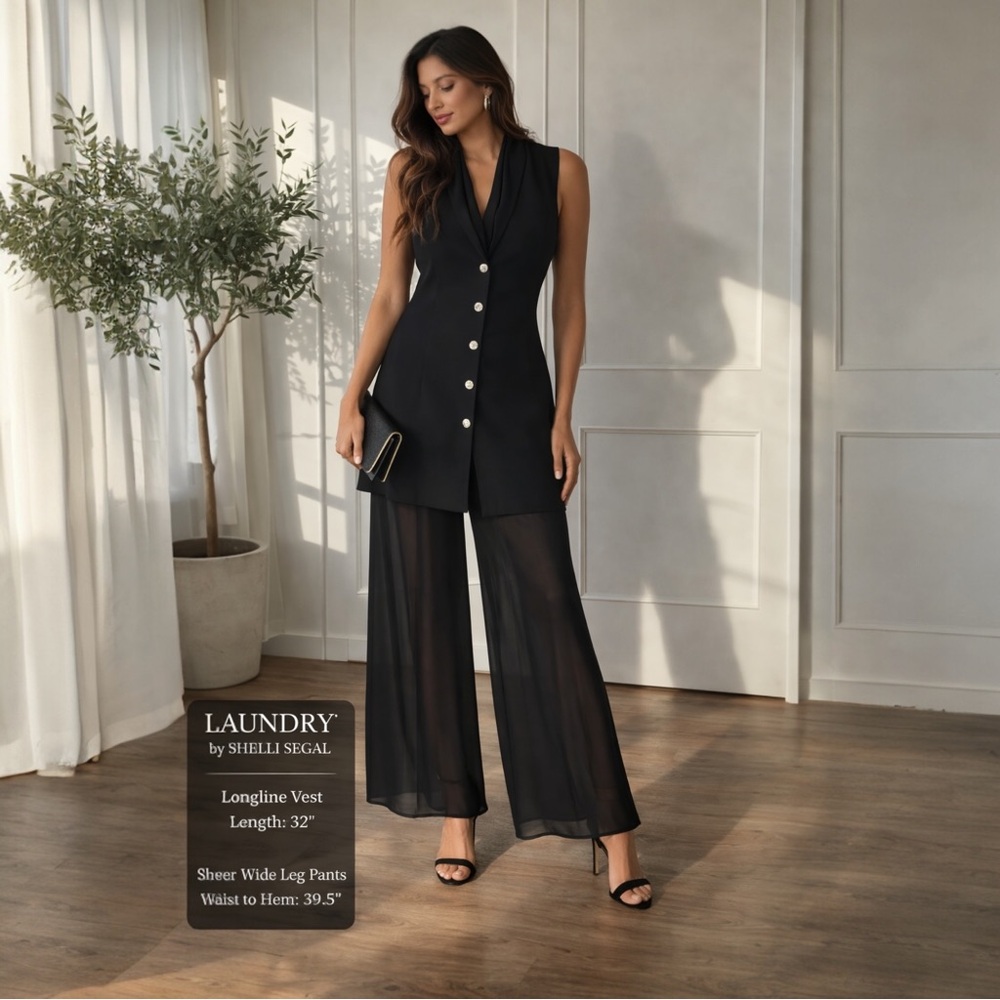 Laundry By Shelli Segal Black Sleeveless Vest with Sheer Wide-Leg Pants